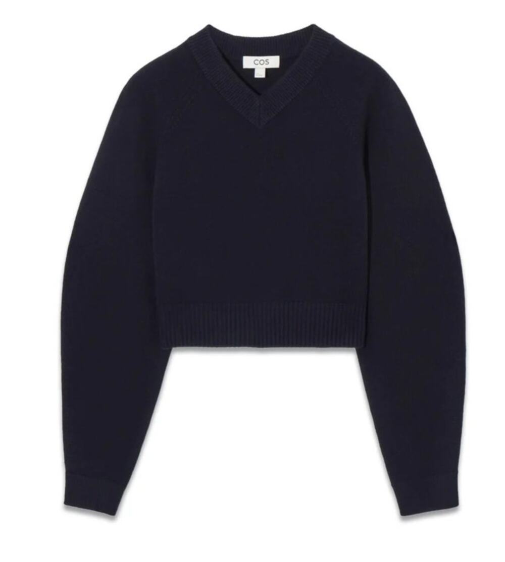 COS Womens Cropped V-Neck Wool Sweater Size S Navy Blue Minimalist Quiet Luxury